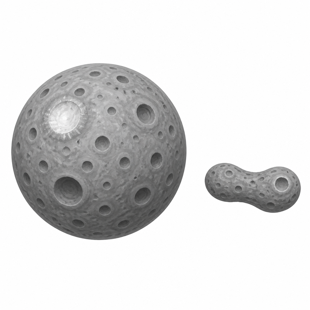 Round Ceres beside long, narrow Eros. Ceres is many times the larger of the two.