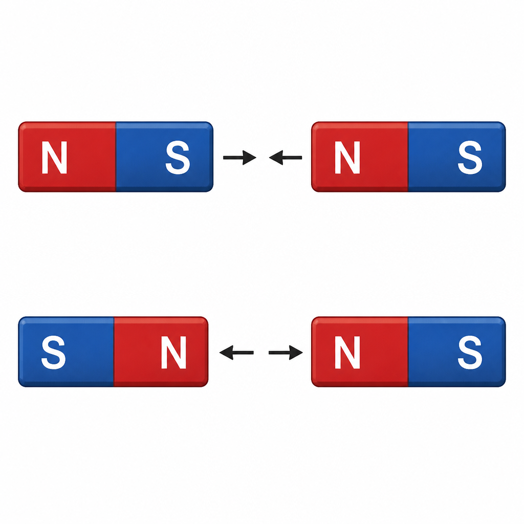 When a south pole faces a north pole the two magnets are drawn together, but when a north pole faces a north pole they push apart.