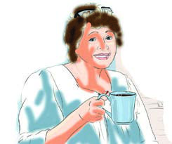 An elderly woman with her cup of tea, living calmly with her memories.