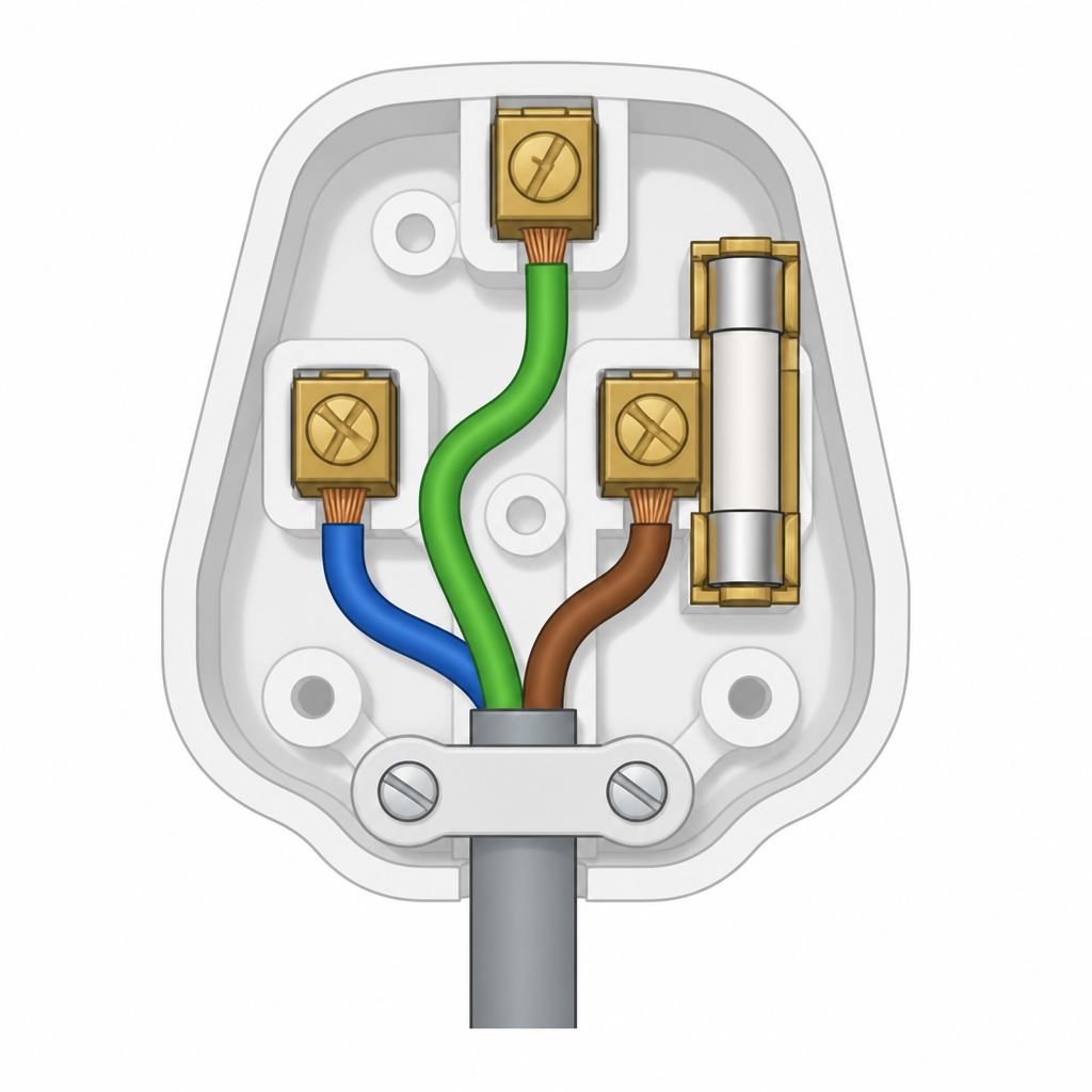 The three terminals seen when a plug cover is taken off: earth at the top, live on the right, neutral on the left.