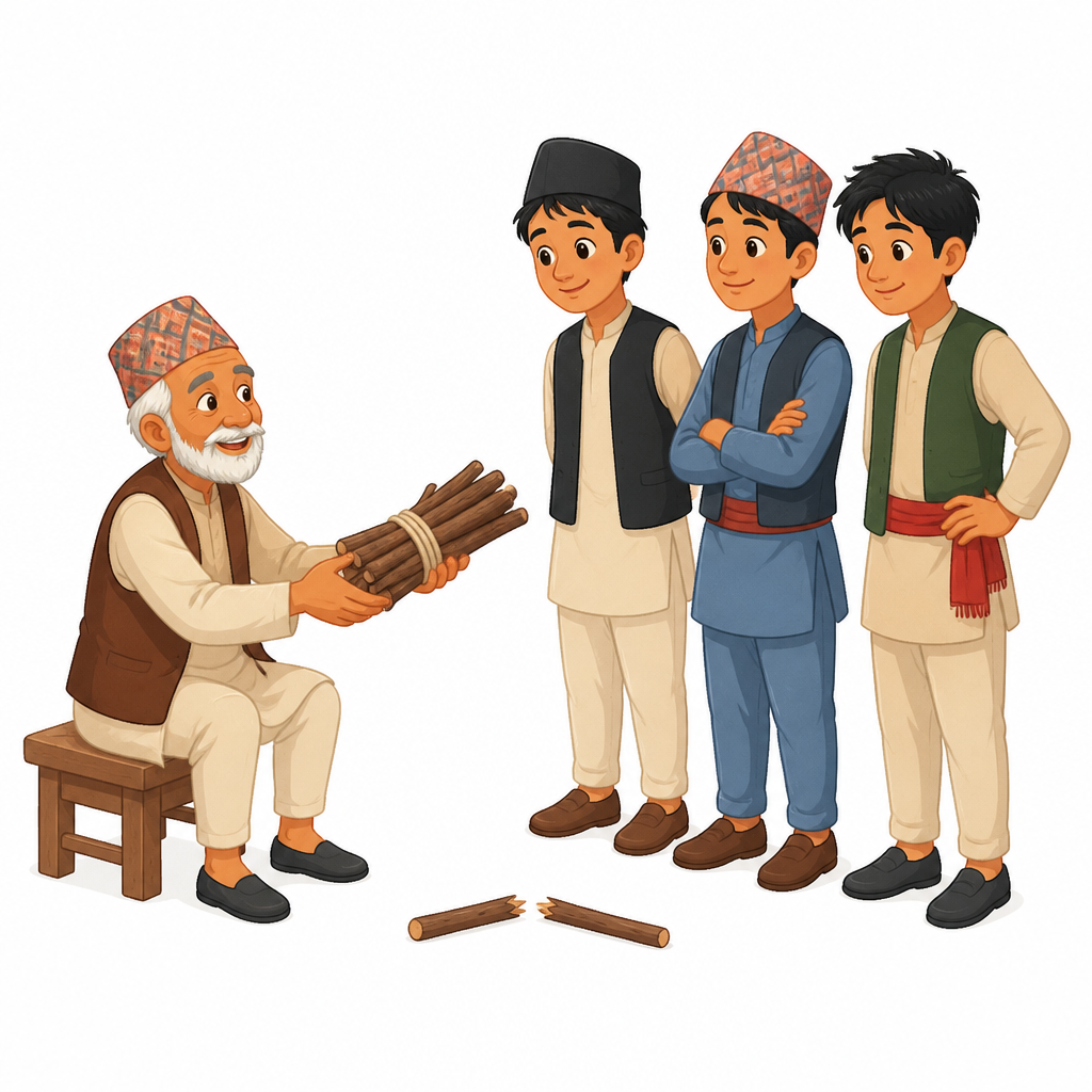 One stick snaps easily, but the bundle tied together will not break: that is the whole lesson the father teaches his sons.