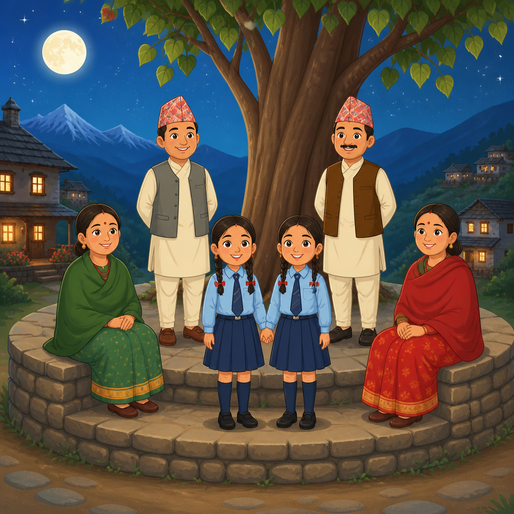 दुई छोरी, दुई बुबा र दुई आमा पिपलचौतारीमा फेरि एकै ठाउँ भएको यही दृश्यले कथाको शीर्षकको अर्थ खोल्छ।