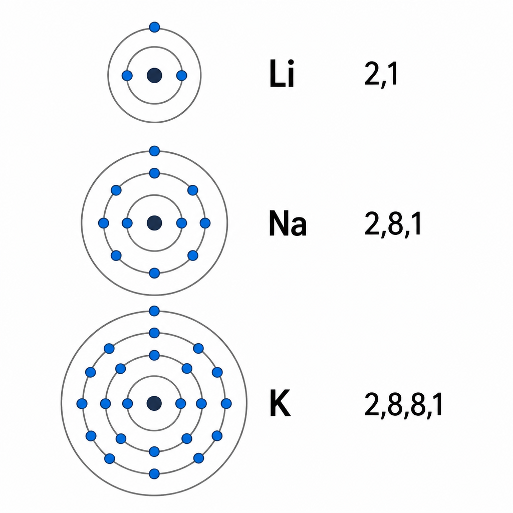 Going down, a shell is added each time and the atom gets bigger, but the outermost shell still holds one electron.