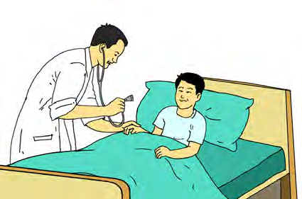 A doctor checks a sick boy lying in bed.