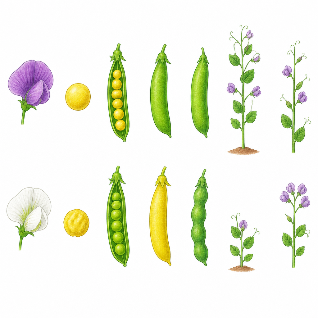 The seven pairs of contrasting characters in pea. The top row shows the dominant form of each character and the bottom row shows its recessive form.