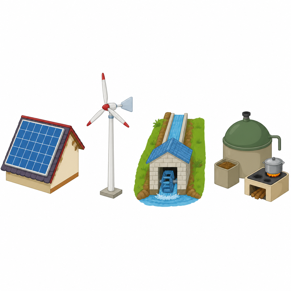 Choosing sources like solar, wind, micro hydropower and biogas instead of firewood and diesel gives a village the energy it needs while the forest and the air stay unharmed.