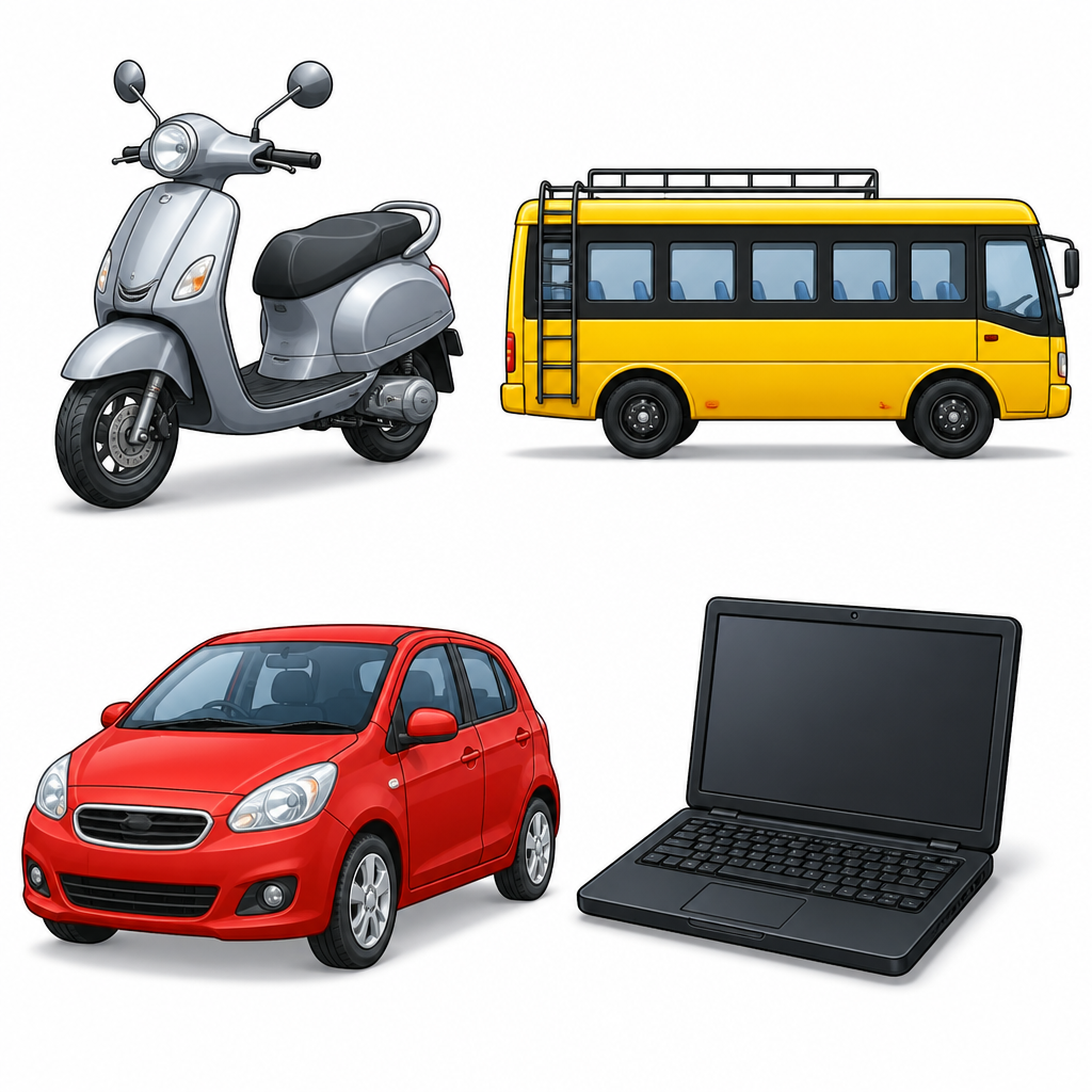 The scooter, the bus and the car are vehicles, but the laptop is not.