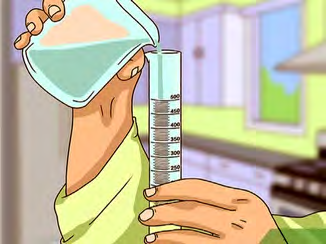 How the volume of a liquid is read: the water is poured into a measuring cylinder and the mark at the surface is read.