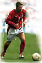 David Beckham in England's red kit, a player famous for his free kicks and his leadership.