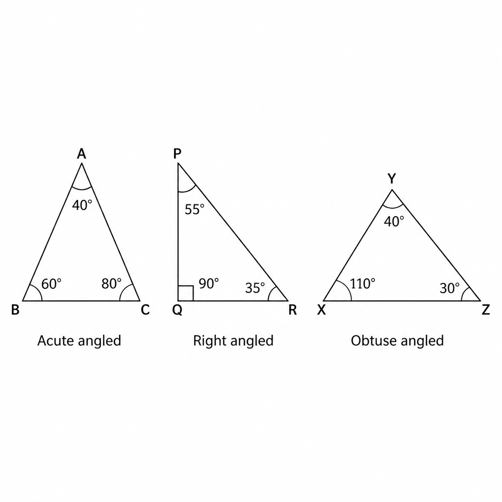The three angle measurements are marked inside each triangle so that acute, right and obtuse angles can be told apart.