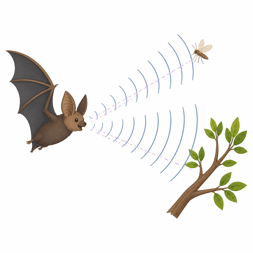 Ultrasound sent by the bat returns from the insect and the branch, telling the bat exactly where each one is.