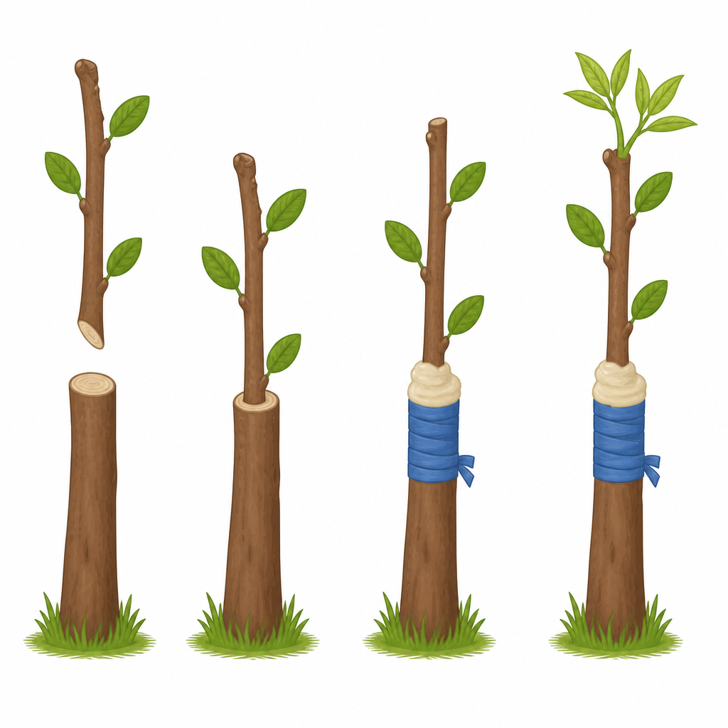 The scion is set into the cut top of the stock and tied, and the two parts then grow together as one plant.