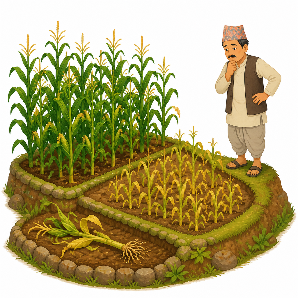 Maize grown from the same seed in the same field has grown differently from patch to patch, because the soil in each patch holds different elements.