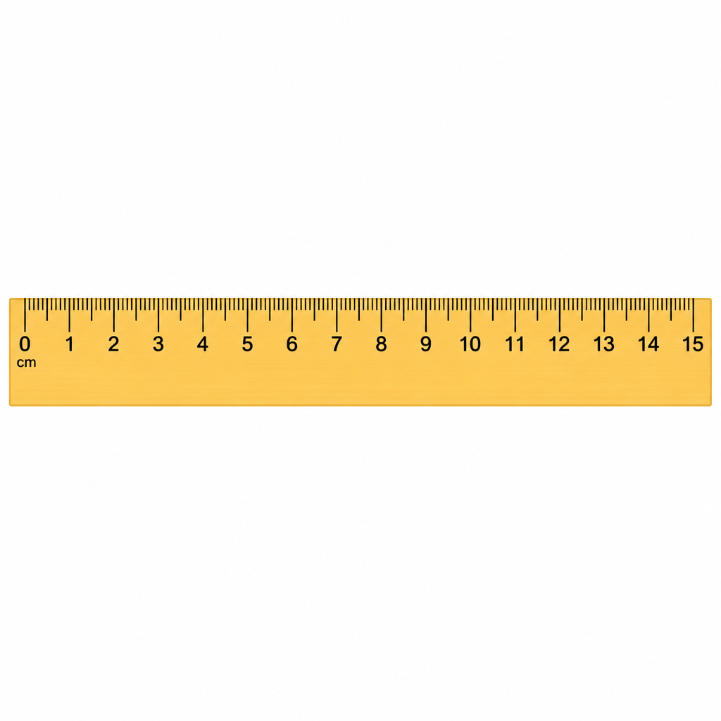 A 15 cm scale. Every centimetre is divided into 10 small parts, so it can tell lengths apart down to 1 mm.