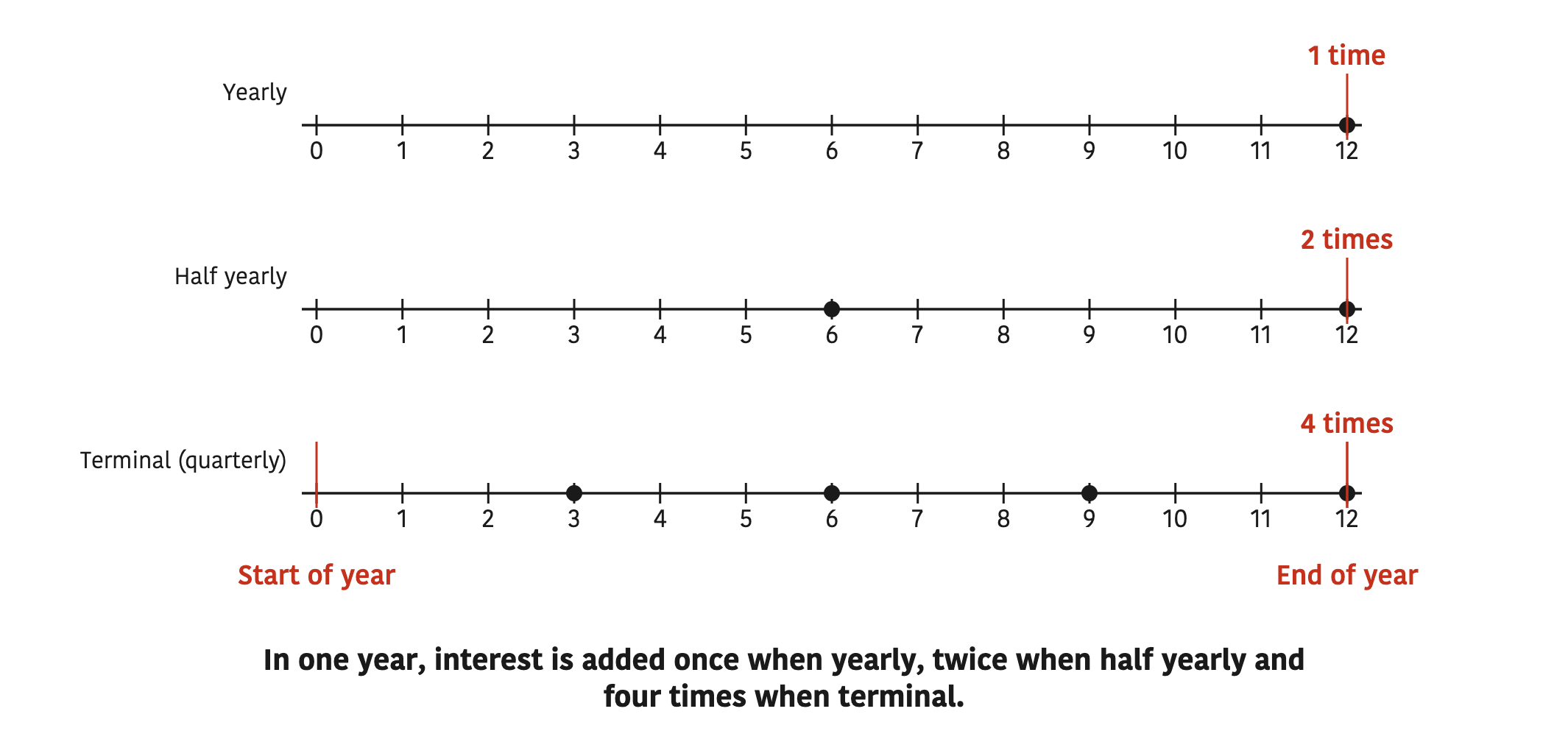 In one year, interest is added once when yearly, twice when half yearly and four times when terminal.