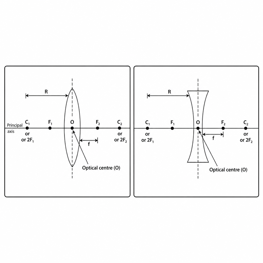 The terms of a lens marked on a convex and a concave lens: centres of curvature C₁ and C₂, radius of curvature R, optical centre O, principal axis, principal foci F₁ and F₂, and focal length f.