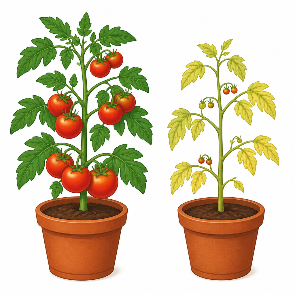 Two plants of the same crop: one deep green with enough nitrogen, the other with yellowed leaves and small fruit because nitrogen ran short.
