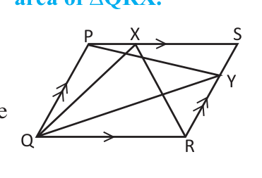 Triangle PQY stands on side PQ with its apex Y on SR; triangle QRX stands on side QR with its apex X on PS.