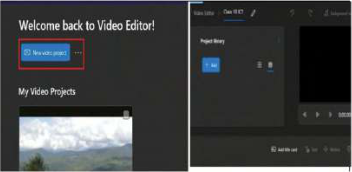 The New video project button (boxed) starts a project, and the new project's library is still empty.