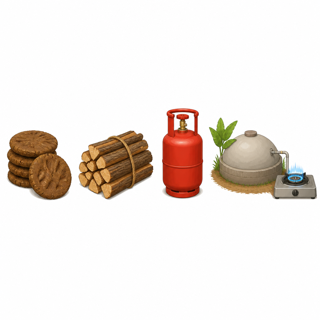 Sources of energy used in Nepali homes: dried dung cakes, firewood, an LP gas cylinder and a biogas plant with its stove