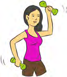 A woman lifting small weights. Ask: How much exercise do you do every day?