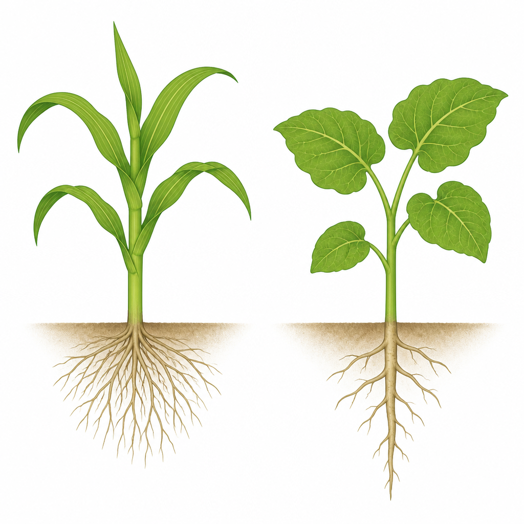 Parallel veins with fibrous roots mark a monocot; net veins with a taproot mark a dicot