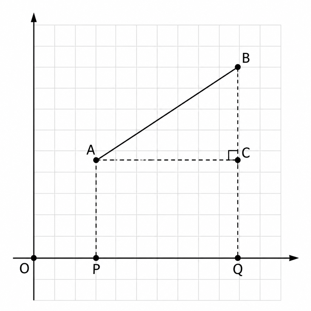 How the slanting line joining A and B becomes the hypotenuse of a right angled triangle, and how long its horizontal and vertical sides are.