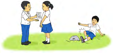A boy has fallen near a rock and his friends decide to act. We should help him immediately.