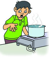 The pot is steaming hot, so this boy shouldn't touch it with his bare hand.