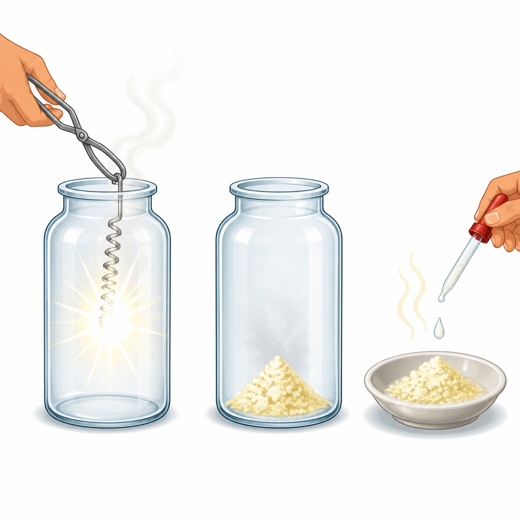 Testing for nitrogen: burning magnesium keeps burning in nitrogen and leaves a yellow powder, which gives off the smell of ammonia when water is added.