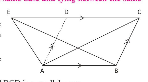 Triangles ABE and ABC on the base AB between AB // EC. The dotted line AD // BC turns ABCD into a parallelogram.