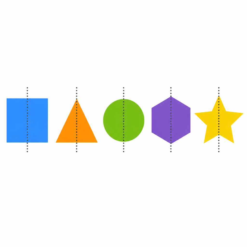 The dotted line in each shape marks the fold where the two halves land exactly on each other.