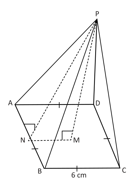 In pyramid PABCD, PN runs down the face PAB to the midpoint N of AB, so it is the slant height. PM drops to the centre M of the base, so it is the vertical height, and NM is half of the 6 cm side.