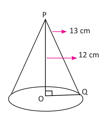 A cone with vertical height PO = 12 cm and slant height PQ = 13 cm. The radius OQ is not given.
