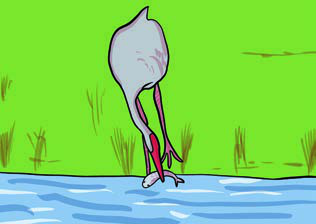 The crane came to the pond with his plan and spoke to the fish at the water's edge.