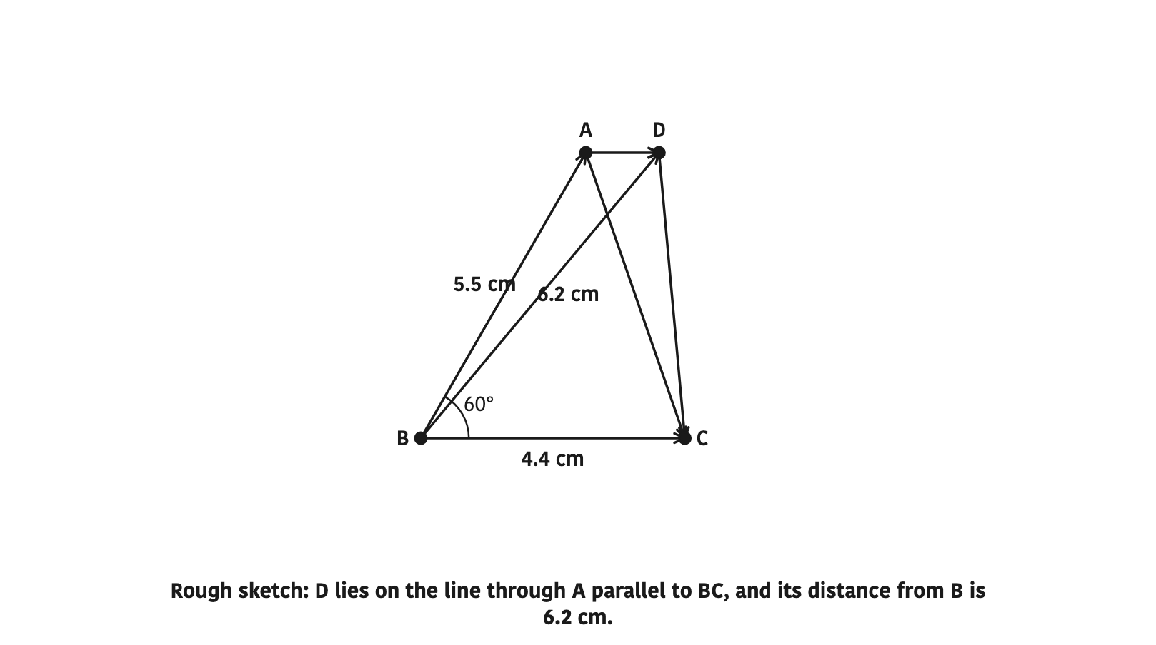 Rough sketch: D lies on the line through A parallel to BC, and its distance from B is 6.2 cm.