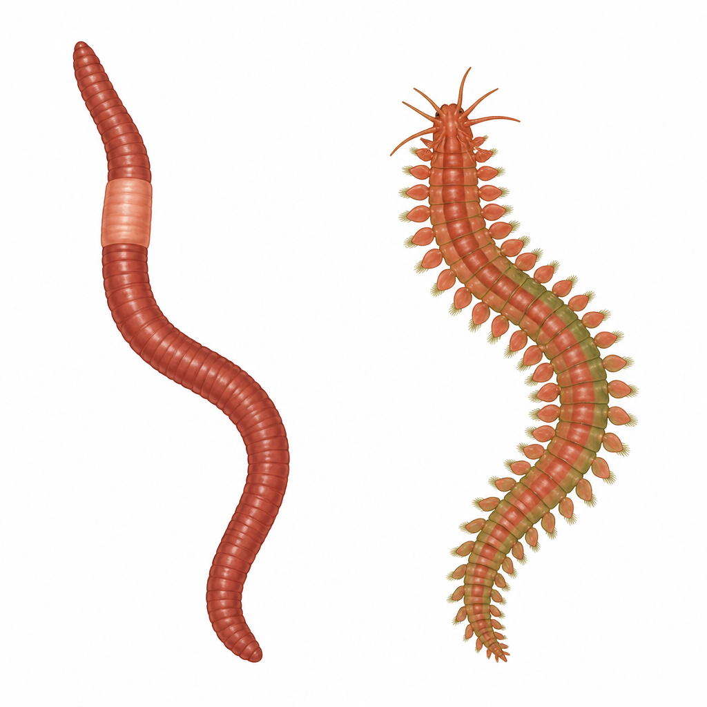 Earthworm and Nereis: the rings along the body are its segments, repeated from head to tail.