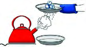 Steam from the kettle's spout strikes the cold underside of a plate, turns into drops, and falls into the dish below.