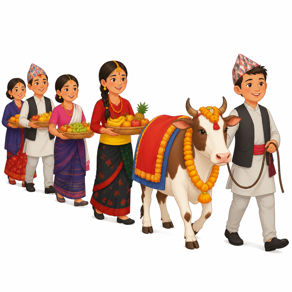 A decorated cow led through the streets during Gai Jatra, with the family of the deceased following in the procession.