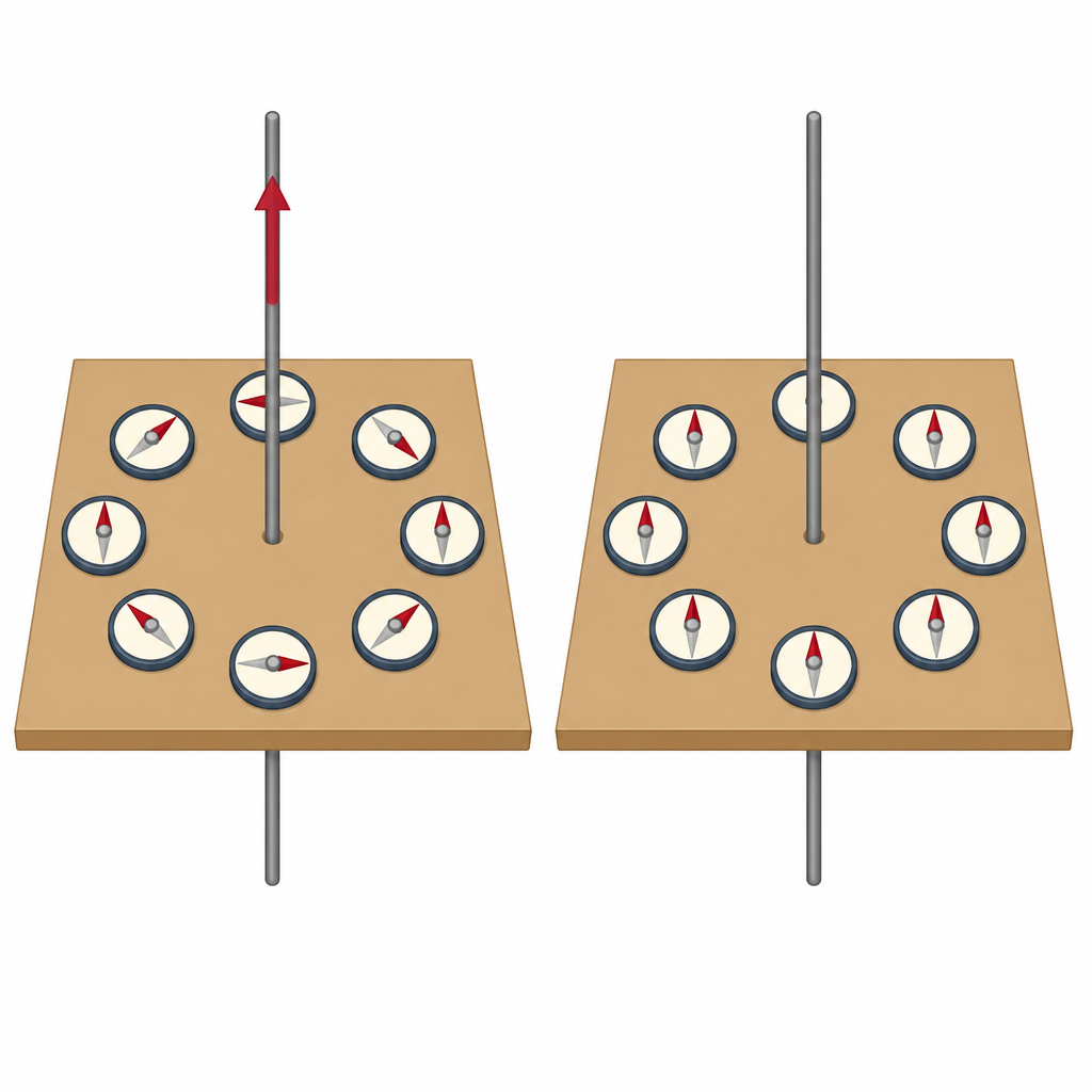 With no current the compass needles all point north. With current, they line up along a circle around the wire.