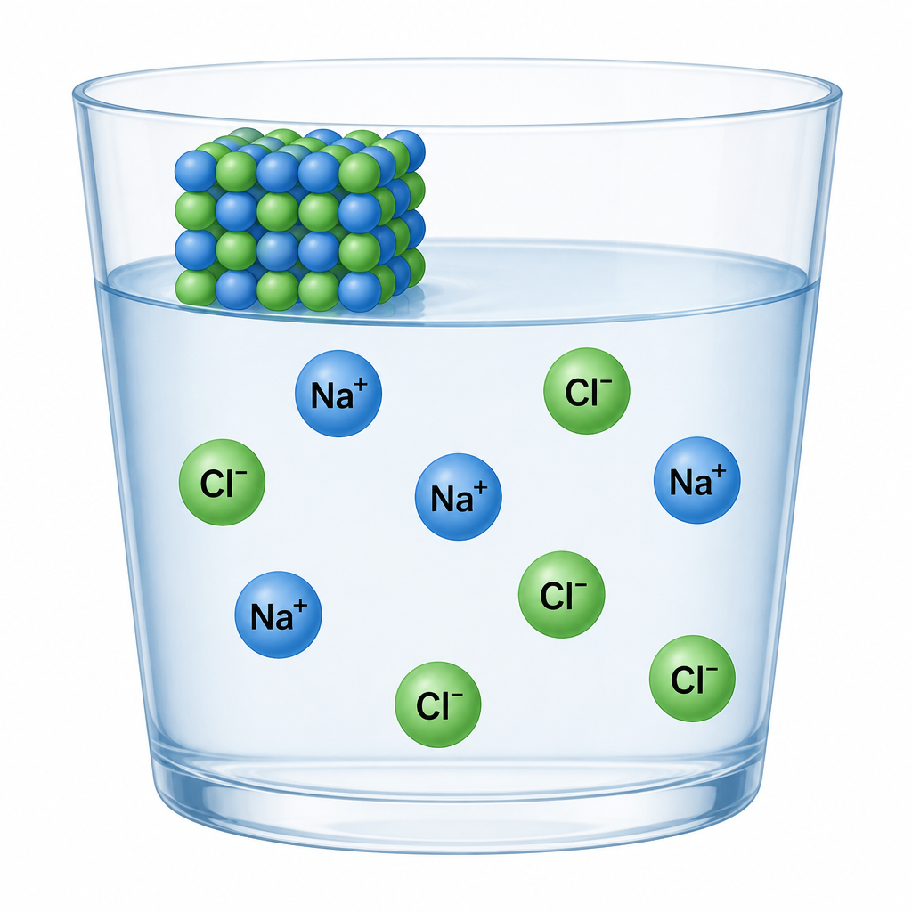 Once the salt has dissolved, its particles no longer stay joined; they spread through the water as separate positive and negative ions.