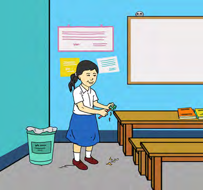 A girl sharpens her pencil and lets the shavings fall on the classroom floor.