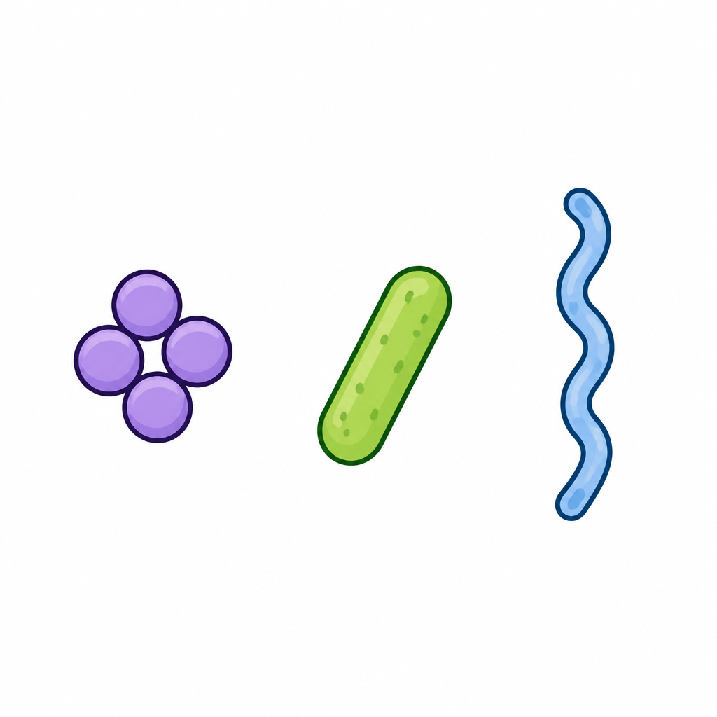 The three shapes of bacteria: round, rod and thread-like. The shapes differ, but each one is still a single cell.