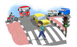 The traffic light has stopped the vehicles, so the boy on the zebra crossing will reach the other side safely.