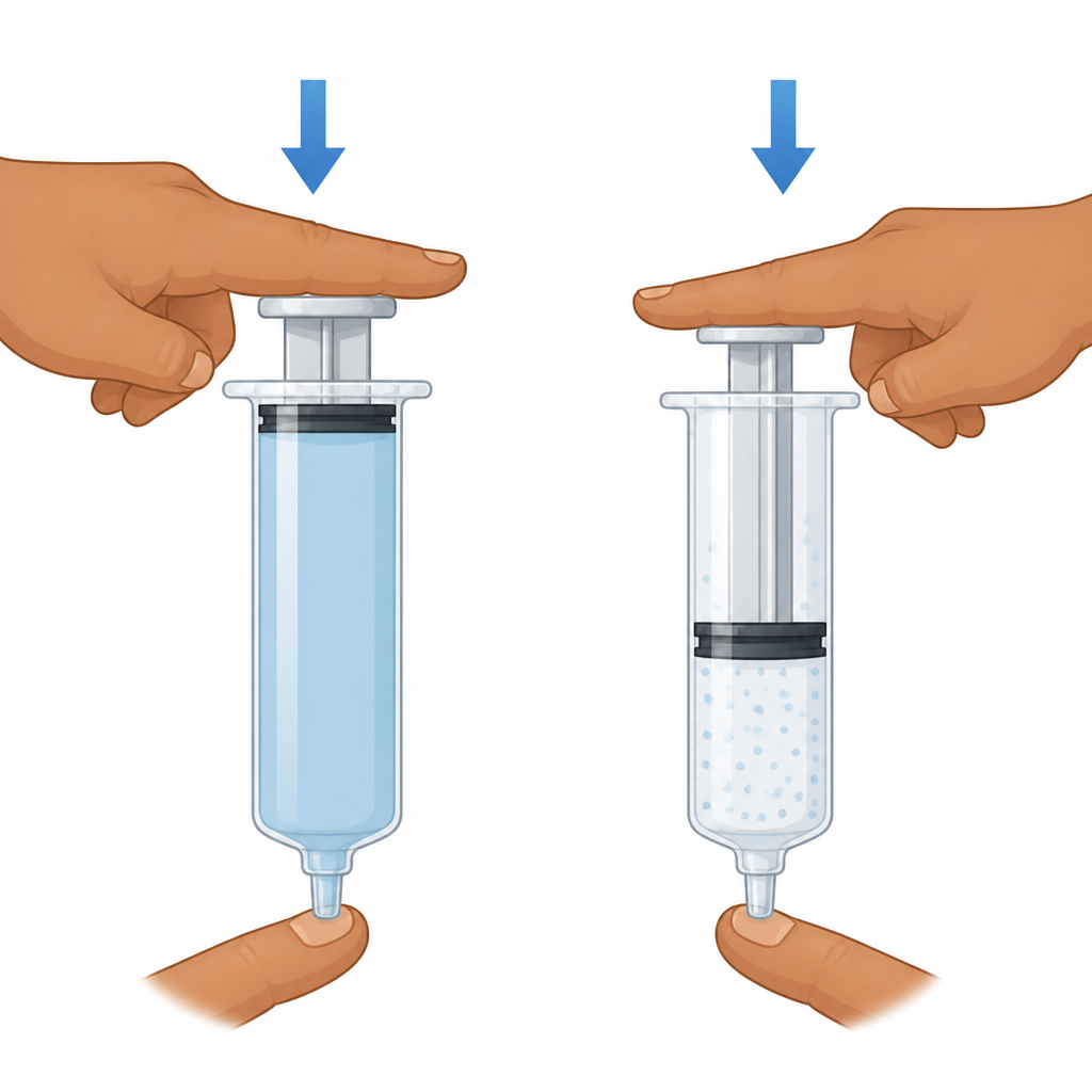 With the nozzle closed, the piston of a water-filled syringe will not move in, while the piston of an air-filled syringe slides in until the air is squeezed tight.