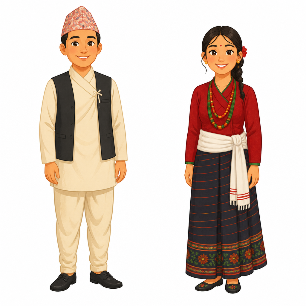 दौरा, सुरुवाल र टोपी तथा गुन्यु, चोलो र पटुका कस्तो देखिन्छ भन्ने देखाउने मुख्य पोसाक ।
