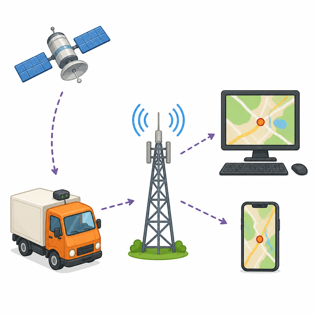 GPS tracking: the GPS unit in a truck finds its position from satellites, then sends that position over the mobile network to a computer and a phone.