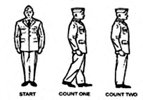 A drill movement split into counts: the start, count one and count two. P.T. is done count by count in the same way.