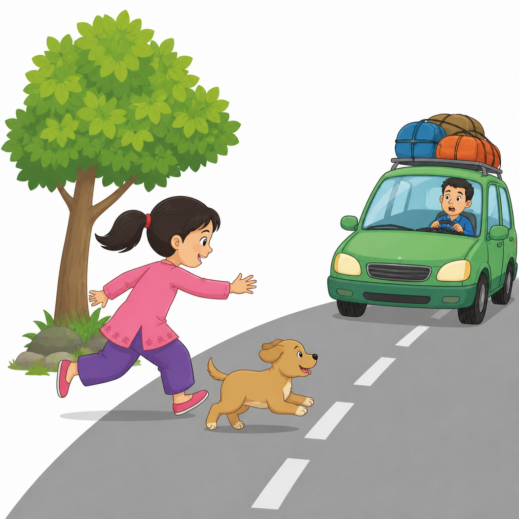 Picture c: a girl runs after her puppy towards a road where a car is coming.