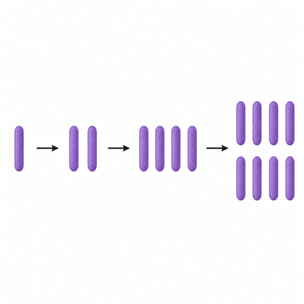 The number of bacteria doubles at every stage, so the count climbs 1, 2, 4, 8 and onwards.